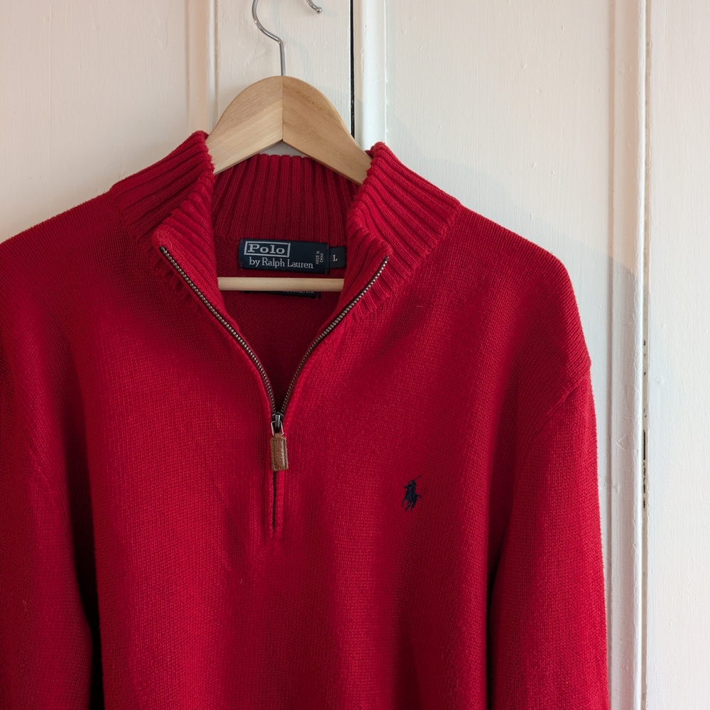 Polo Ralph Lauren Red Three Quarter Zip-Up Cotton Knit Sweater Size L